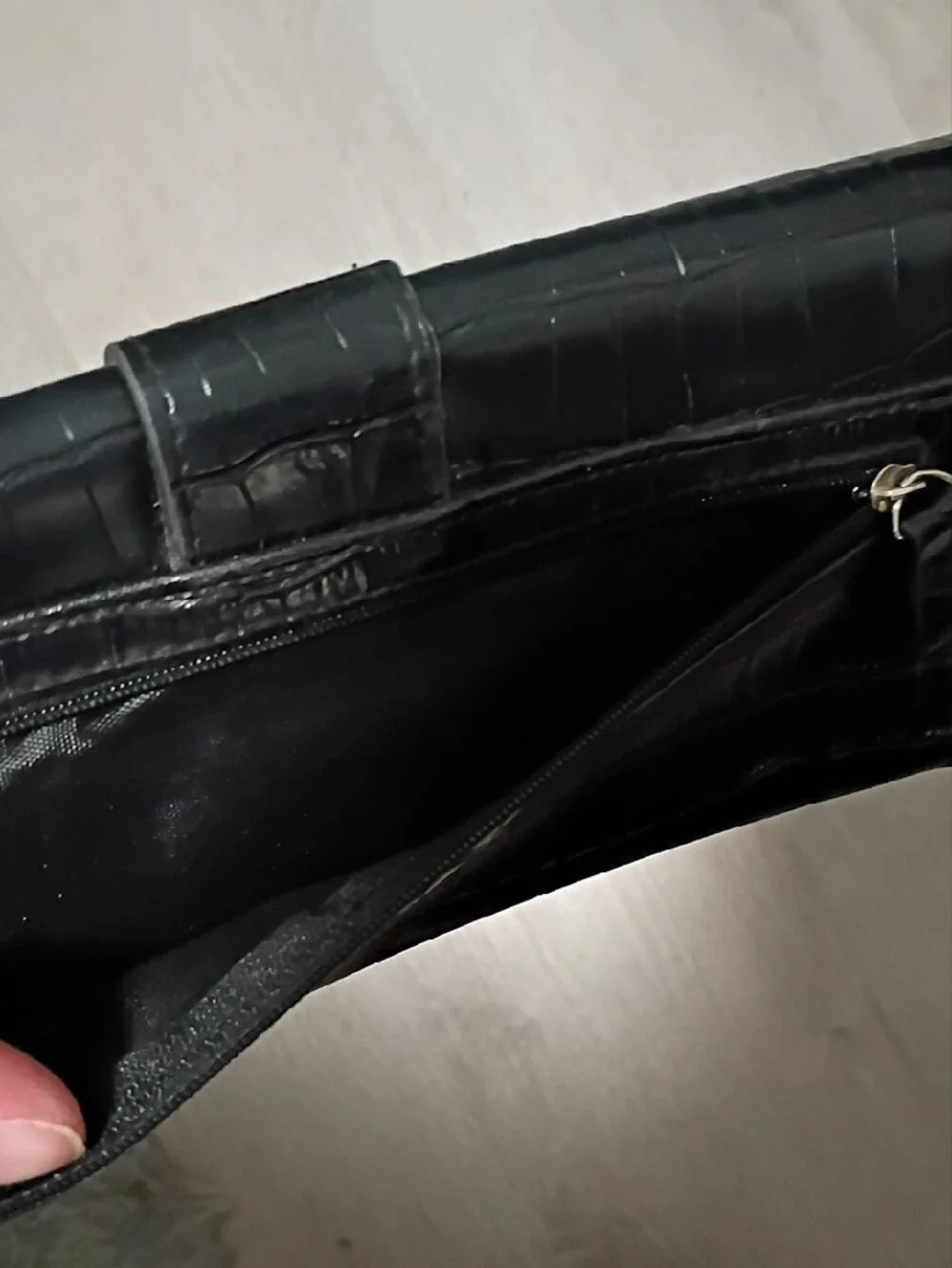 Black Croc-Embossed Leather Clutch with Silver Buckle